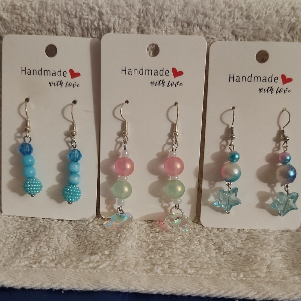 Handmade Earrings Set - Blue, Pink, and Green